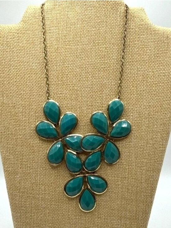 No Label Jewelry - Turquoise Statement Bib Necklace Gold Tone Faceted Teardrop Boho Chic